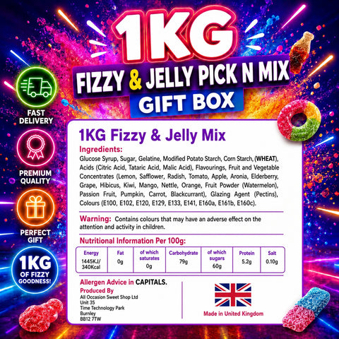 1KG Fizzy & Jelly Pick n Mix Gift Box – Assorted Fizzy & Jelly Sweets, Candy Hamper, Sweet Gift Box, Birthday Gift, Party Treat, Movie Night Snacks, UK Sweet Shop