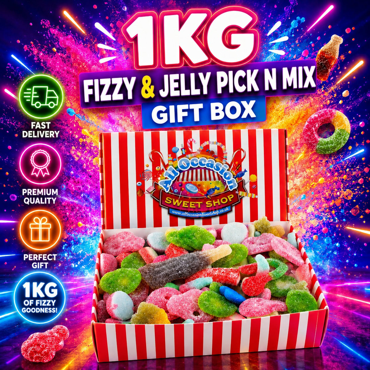 1KG Fizzy & Jelly Pick n Mix Gift Box – Assorted Fizzy & Jelly Sweets, Candy Hamper, Sweet Gift Box, Birthday Gift, Party Treat, Movie Night Snacks, UK Sweet Shop